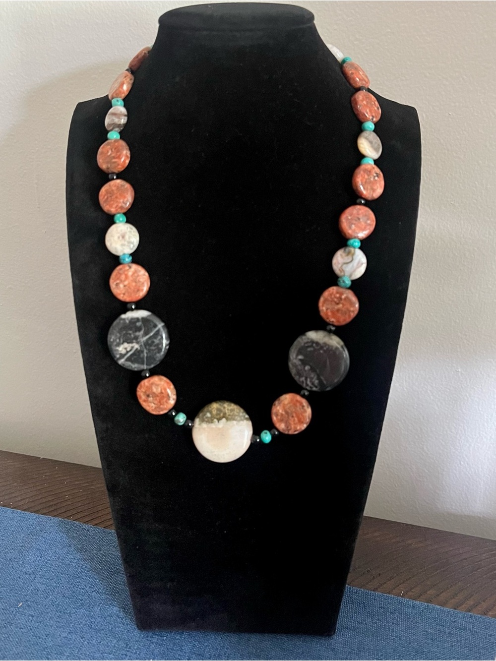 Vintage 925 Silver Necklace Rhodonite Picasso Jasper Quartz Turquoise Spacers